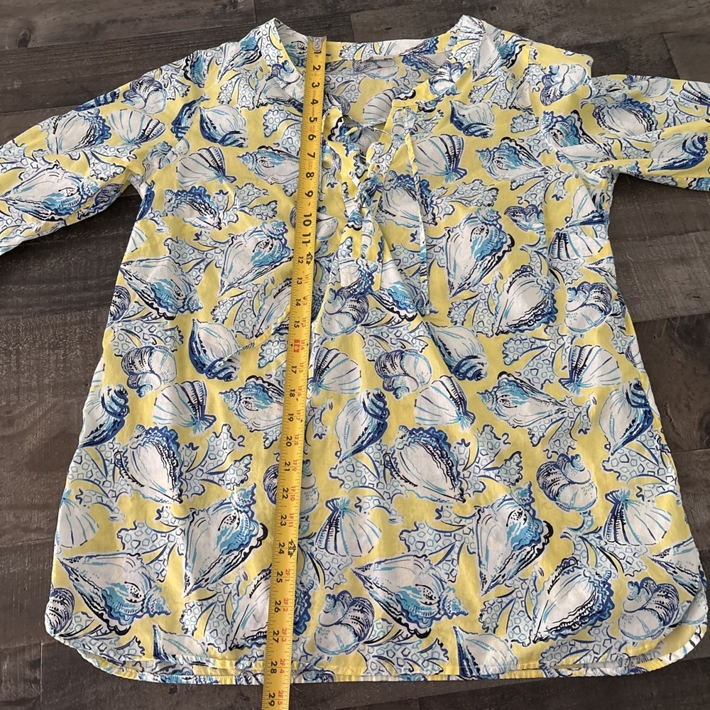 Talbots Seashell Print Top Womens Plus 1X Yellow Blue Lace Up Neck Coastal - Picture 8 of 11